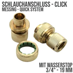 3/4 Schlauchstück Kupplung Click-System Quick Connect mit Wasser-Stop Messing (..."