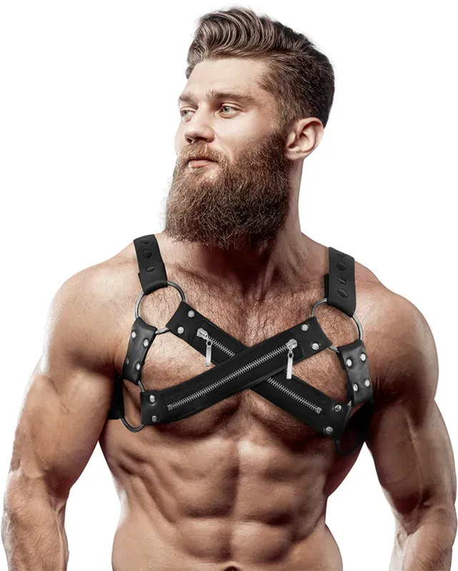 FETISH SUBMISSIVE ATTITUDE Verstellbarer Neopren-Brustgurt mit Cross-Over-Bulldog-Reißverschluss für Männer
