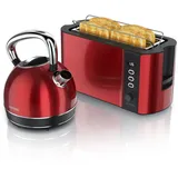 Arendo Frühstücks-Set Edelstahl Wasserkocher 1,7l, 4-Scheiben Langschlitz Toaster, rot (2-tlg), Frühstücksset, Wasserkocher Retro, 2200W, Toaster Brötchenaufsatz rot