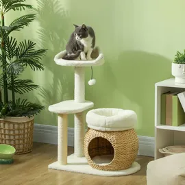 PawHut Kratzbaum 79 cm Katzenbaum mit Katzenhöhle, Bett, Spielbälle, Katzenkratzbaum mit Sisal-Kratzsäulen, für Katzen bis 5 kg, Cremeweiß