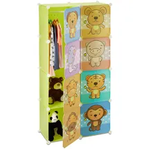 Relaxdays Kinderregal mit Tiermotiv, Kunststoff Steckregal m. Türen, Kinderzimmer Kleiderschrank m. Kleiderstange, bunt