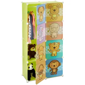 Relaxdays Kinderregal mit Tiermotiv, Kunststoff Steckregal m. Türen, Kinderzimmer Kleiderschrank m. Kleiderstange, bunt