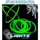 Power Lightz 100 Stück 20cm Knicklichter/Armbänder inkl. 100 x 3D-Verbinder, 2 x Ball- und Flexverbinder in Grün für Party, Disco, Festival oder Fasching?