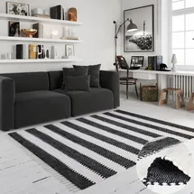 OTTO home Teppich OTTO HOME "Benja", schwarz (schwarz, weiß), B:160cm H:10mm L:230cm, Baumwolle, Polyester, Teppiche, Teppich, Handweb Teppich, gestreift, 90% Baumwolle, handgewebt, mit Fransen