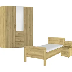 Schlafzimmer-Set RAUCH "Komplettschlafzimmer Schlafzimmer EVELYN", braun (asteiche), Bett 100x200cm + ohne Matratze, B/H: 100cm x 200cm, Holzwerkstoff, Schlafzimmermöbel-Sets, Schrank und Bett in 2 Breiten, Nachttisch mit Paneel MADE IN GERMANY