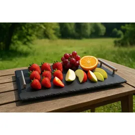 hausleben Schiefer Servierplatte 40x30 cm – Käseplatte, Antipasti Servierbrett mit Edelstahlgriffen, Naturstein, rustikale Servierplatte für Snacks & Fin...