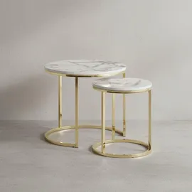 KADIMA DESIGN Moderne Marmor-Beistelltische, 2er Set, Goldene Gestelle, 50/35 cm