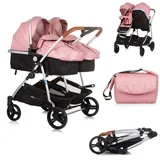Chipolino Geschwisterkinderwagen Duo Smart klappbar umbaubar verstellbar Fußsack rosa - Schwarz/Rosa