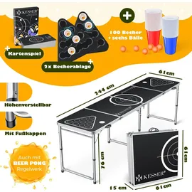 Kesser KESSER® Bier Pong Tisch Set mit Kartenspiel Trinkspiel inkl. 100 Becher (50 Rot & 50 Blau), 6 Bälle + Regelwerk Partyspiele Table Höhenverstellbar Klappbarer ohne oder mit LED