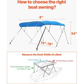 Vevor Bimini Top Bootsabdeckung Sonnenverdeck (4 Bögen) aus 600D Polyester mit Rahmen aus Aluminiumlegierung, wasserdichte Sonnenschutz-Bootsmarkise mit Aufbewahrungstasche, 185-198 cm (B) Blau