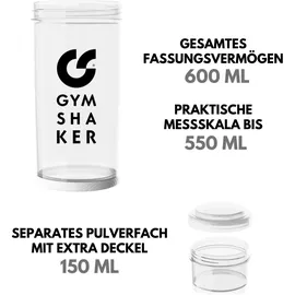 gymshaker Protein Shaker mit Pulverfach 600 + 150 ml Weiß