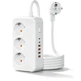 Steckdosenleiste 3 Fach mit USB C, Mehrfachsteckdose mit 4 USB-A & 2 USB-C, Steckerleiste mit Schalter, 1,8 m Kabel, Wandmontage, 2500W, Weiß, für Küche Büro Zuhause