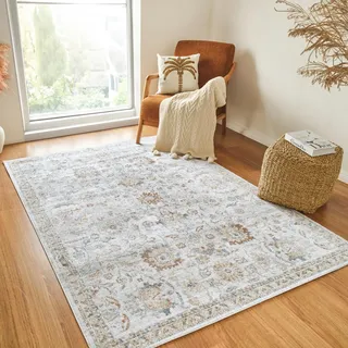 Livabliss Doha Teppich waschbar in der Waschmaschine - Vintage Teppich waschbar für Wohnzimmer 200x275 cm, Schlafzimmer, Küche - Orientalischer Boho Teppiche, Teppich Groß in Elfenbein, Grau, Blau