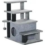 Haustiertreppe 3/4-stufige Katzentreppe mit Schlafhöhle & Spielball, Plüschbezug, stabile Spanplatte für Katzen, - Grau