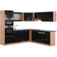 Vicco Eckküche, Schwarz Hochglanz, Honigeiche, Holzwerkstoff, L-Form,Formgebogen, 247x81.6x60 cm, Küchen, Eckküchen, Eckküchen ohne Geräte