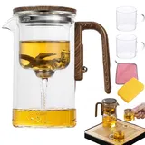 Wassertrennung Glas-Teekanne mit Holzgriff, magische Teekanne Glas mit Teesieb, Glas-Teekanne mit Teesieb, klare Glas-Teekanne mit Sieb, Drucksteuerung (720 ml transparent + zwei Tassen)