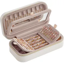 songmics home ANAH Kollektion - Schmuckkästchen Reise, Schmuckbox klein, Schmuckaufbewahrung mit Spiegel, 10,5 x 20,5 x 6 cm, PU mit Nähten, Reißverschluss, Geschenkidee, wolkenweiß JBC180W01