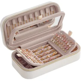 songmics home ANAH Kollektion - Schmuckkästchen Reise, Schmuckbox klein, Schmuckaufbewahrung mit Spiegel, 10,5 x 20,5 x 6 cm, PU mit Nähten, Reißverschluss, Geschenkidee, wolkenweiß JBC180W01