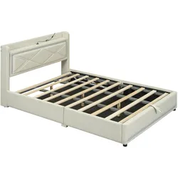 Merax 140*200cm Polsterbett, Doppelbett, Ambientelicht am Ende des Bettes, mit USB-Anschluss, großer Stauraum, Beige
