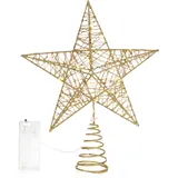 COM-FOUR® LED Deko Stern Weihnachten - Weihnachtsdekoration Stern mit LED und Timer - Aufsteller Weihnachtsstern mit Pailletten (goldfarben/25cm)
