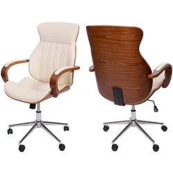 Bürostuhl MCW-H39, Schreibtischstuhl Drehstuhl Chefsessel, Bugholz Walnuss-Optik Kunstleder MVG-zertifiziert ~ creme