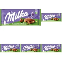 Milka Ganze Haselnüsse 1 x 100g I Alpenmilch-Schokolade I mit ganzen Haselnüssen I Milka Nuss-Schokolade aus 100% Alpenmilch I Tafelschokolade (Packung mit 5)