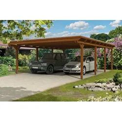Carport Emsland 613x846cm, nussbaum, 20mm Dachschalung mit EPDM Folie Holzcarport