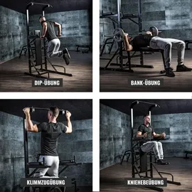 Gorilla Sports GORILLA SPORTS® Power Tower - mit Klappbar Hantelbank, Dip Station, Klimmzugstange, Liegestützgriff, 201x74x221cm, bis 150kg, Schwarz - Multifunk... - Schwarz