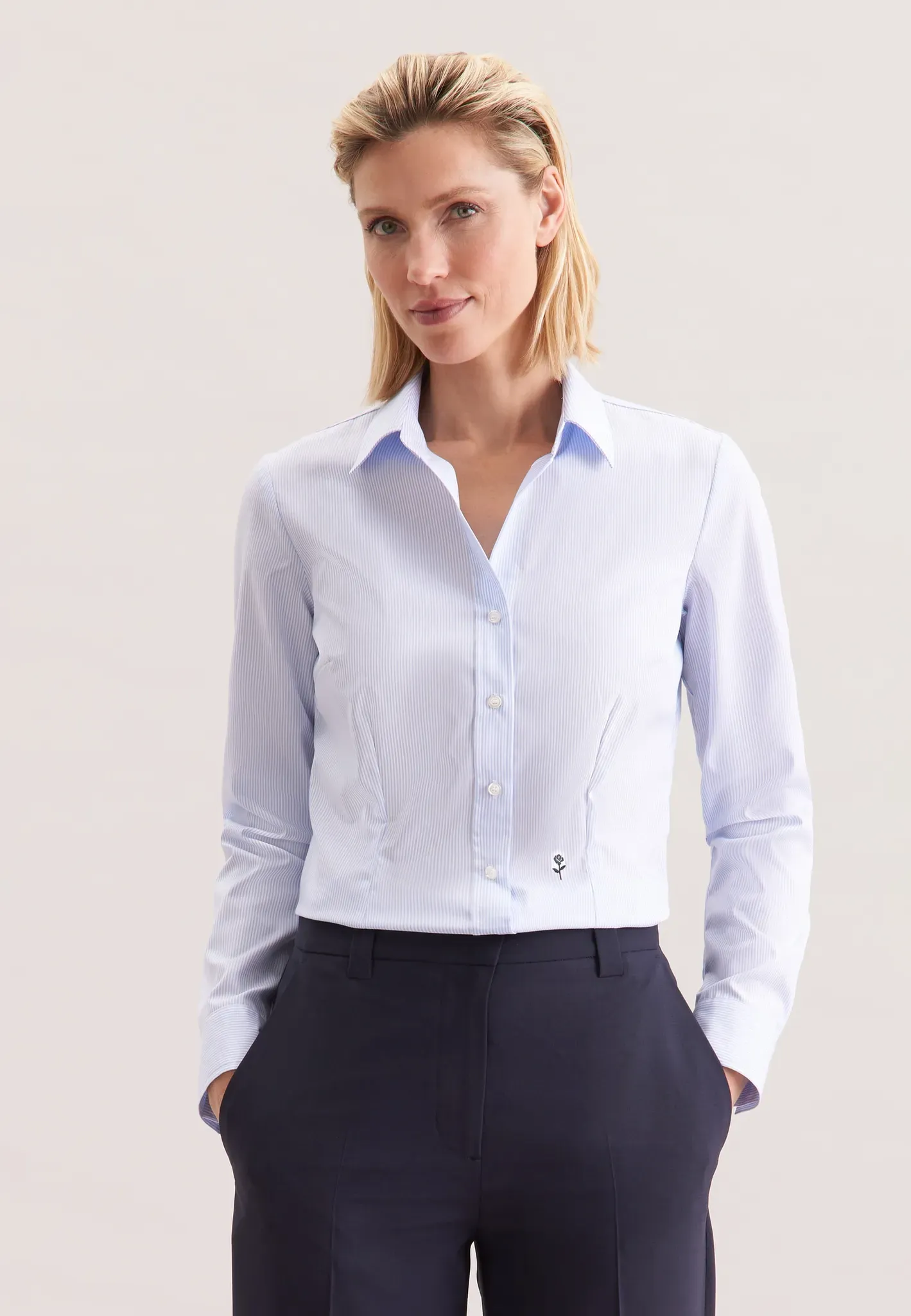 Hemdbluse SEIDENSTICKER, Damen, Gr. L40, blau (hellblau gestreift), 100% Baumwolle, gestreift, slim fit, ohne Ausschnitt, Blusen Hemdbluse, 1/1 Kragen