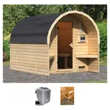Fasssauna KARIBU "Fasshaus 2", beige (naturbelassen), Bio-Kombiofen, externe Steuerung, 9 kW, Saunen, 9-kW-Bio-Ofen mit externer Steuerung