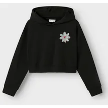 NAME IT Kapuzensweatshirt NAME IT "NKFKORY LS CROP BOXY SWE WH BRU PS NOOS", Mädchen, Gr. 146/152, schwarz, Sweatware, Obermaterial: 60% Baumwolle, 40% Polyester, bedruckt, relaxed fit normal, ohne Ausschnitt, Rippbündchen, Sweatshirts