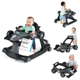 COSTWAY 4 in 1 Lauflernhilfe, Lauflernwagen klappbar mit verstellbarer Höhe & Geschwindigkeit, Baby Walker Autoförmig mit Musikbox, Licht & Rädern, Gehfrei Baby ab 6 Monaten, 12kg Belastbar,Dunkelgrau