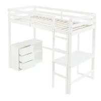 Hochbett, Kinderbett, Mit Schreibtisch Schubladenschrank und Aufbewahrungsregal, Vierstufige Leiter, Kiefer + MDF, Weiß, 90x200cm