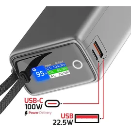 Swissten 25000 mAh Reise-Powerbank mit integriertem Kabel, Grau