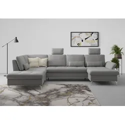 Wohnlandschaft INOSIGN "Palm Beach U-Form", grau, B:347cm H:89cm T:224cm, 100%Polyester, Sofas, Federkern, mit Sitztiefenverstellung, wahlweise mit Bettfunktion