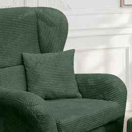 luma-home schönes für dein zuhause Ohrensessel Cordstoff 90 x 98 x 76 cm Grün mit Hocker und Zierkissen