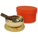 Klangschalen-Center Kleine gegossene Klangschale mit hellem Klang in einer orangefarbenen runden Geschenk-Box aus handgeschöpftem Naturpapier mit 'Buddha' Aufdruck. Inklusive Klöppel und Stoffpad.