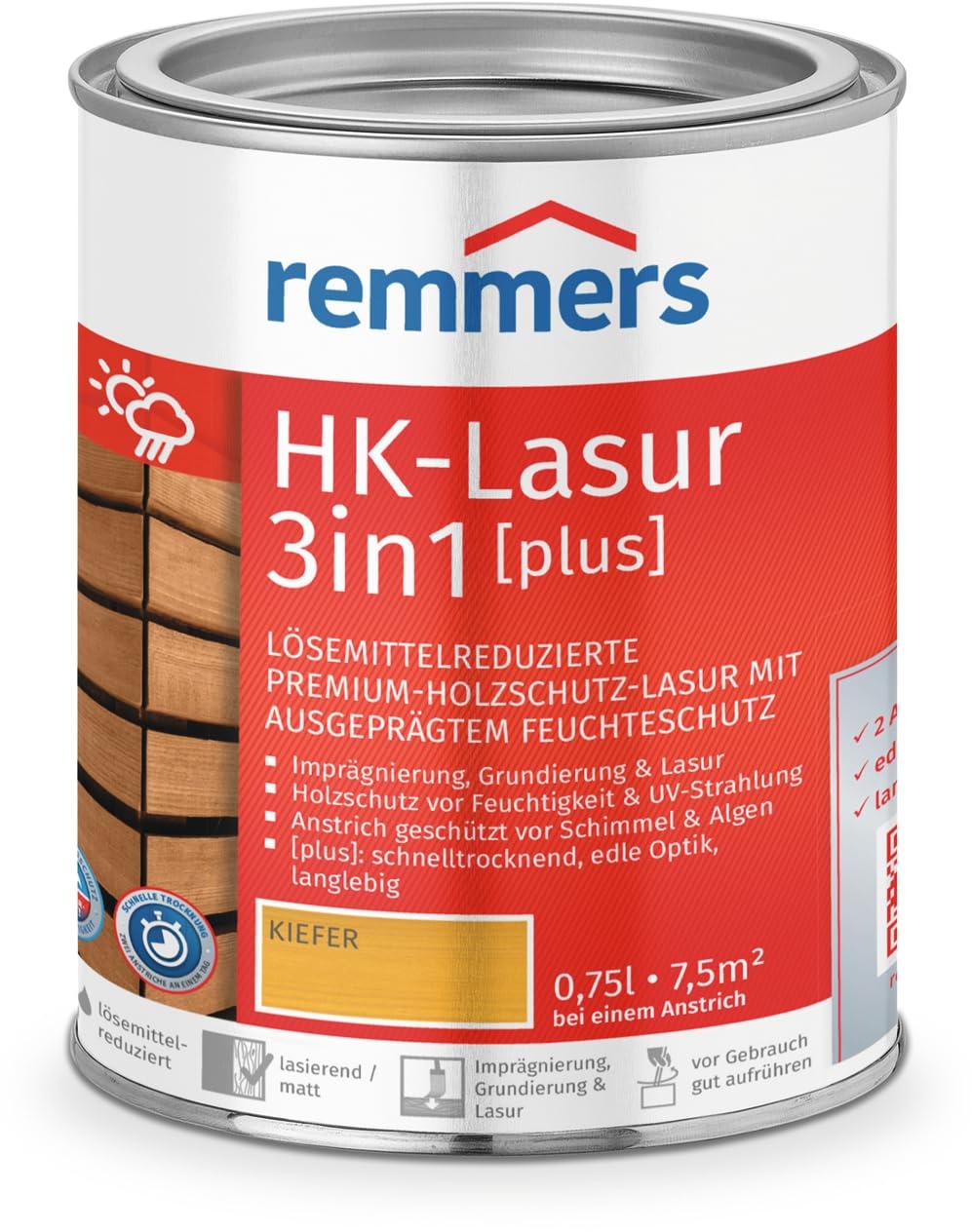 Remmers HK-Lasur 3in1 [plus] kiefer, matt, 0,75 Liter, Holzlasur, Premium Holzlasur außen, 3fach Holzschutz mit Imprägnierung + Grundierung + Lasur