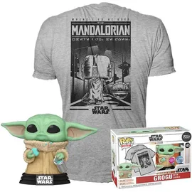 Funko Star Wars The Mandalorian & Tee Vinyl Figur & T-Shirt Set Grogu Cookie POP! Mando with Child, Baby Yoda) mit Cookie - Small - (S)