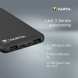 Varta Power Bank 10000 mAh, Power on Demand, 1x USB A und 2x USB C