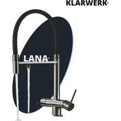 Lana | 3 Wege Grau Schwarz ausziehbare Armatur | Edelstahl Trinkwasser Osmose Wasserhahn Küche |Mischbatterie - 360 Grad drehbar | Filter 3 Anschlüsse