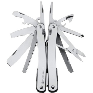 Victorinox Multifunktionstool, Swiss Tool X mit Leder-Etui, Taschen Werkzeug, Multitool mit Kombi-Spitzzange, Feststellklinge