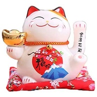 Maneki Neko Winkekatze Glückskatze Glücksbringer Winkende Katze aus Porzellan, Keramisch Statuette für Zuhause Büro und Laden Dekoration, Weiß, 16x14x16cm/6.3x5.5x6.3inch,6