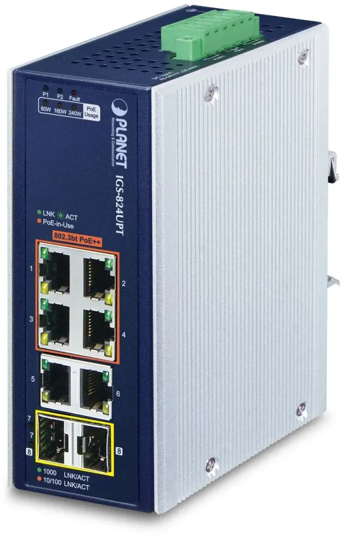 PLANET IP30 Industrial 4-Port Unmanaged Gigabit Ethernet (10/100/1000) Power over Ethernet (PoE) Blau, Weiß