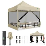 COBIZI Pavillon 3x3,Faltpavillon 3x3 Wasserdicht Stabil,Pavillon Faltbar Anti-UV mit Mesh-Seitenwände,Pavillion für Camping Events, Partyzelt Gartenzelt mit Tragetasche(3 mal 3m Khaki)