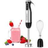 Bonsenkitchen Pürierstab, 2 en 1 Stabmixer Elektrischer, Stufenlos Geschwindigkeiten, Edelstahl Schneebesen für Suppe, Smoothie, Püree, Babynahrung, Schwarz