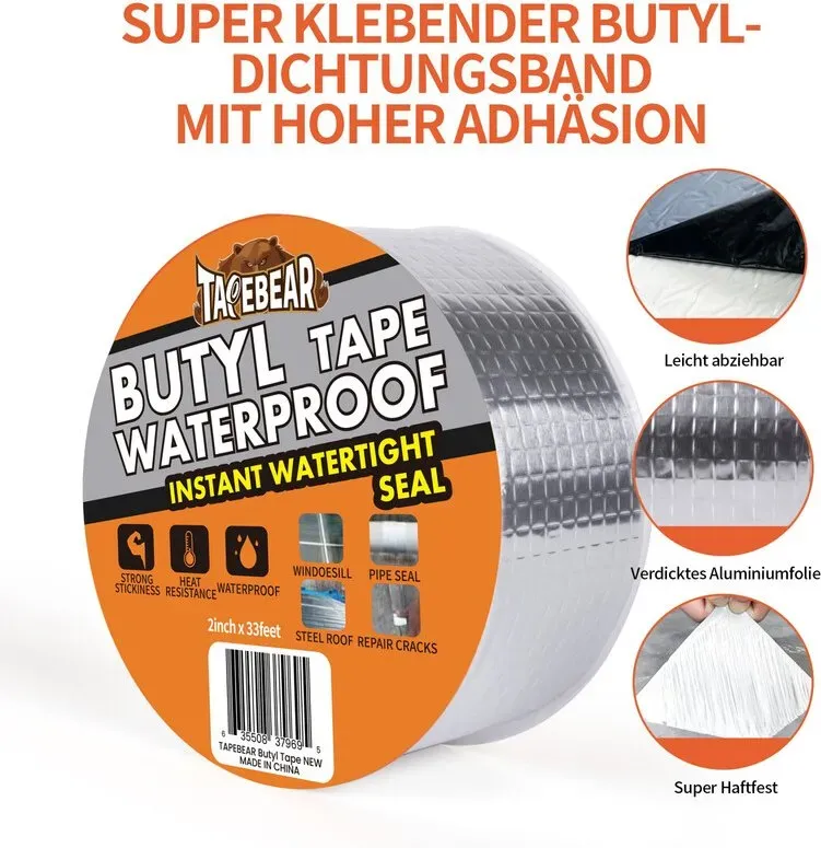 TAPEBEAR Butylband wasserdichtes Dichtband 2 Zoll x 33 Fuß, Aluminiumfolien-Duct-Dichtband für die Reparatur von Wohnwagen-Dächern, Boot- und Rohrdichtung, Silikon, Glas- und EDPM-Dachleckabdichtung, silber