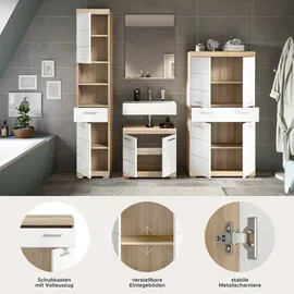 WELLTIME Badmöbel-Set "Siena, 4 teilig, bestehend aus:", weiß (eiche sonoma hell nb, weiß hochglanz mdf tz), B:186cm H:191cm T:34cm, Holzwerkstoff, MDF, Kastenmöbel-Sets, Badmöbel-Set, Hochschrank, Waschbeckenunterschrank, Badspiegel, Midischrank