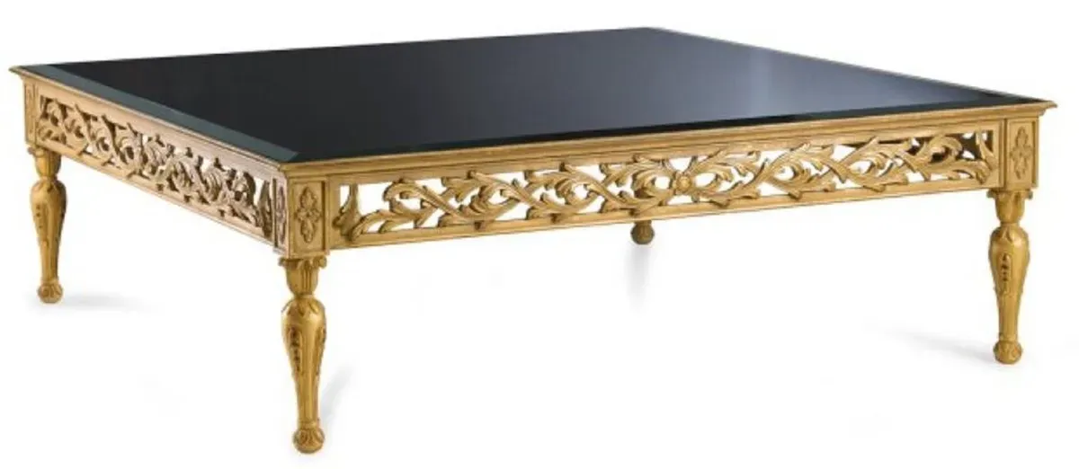 Casa Padrino Luxus Barock Couchtisch mit Glasplatte Antik Gold / Schwarz - Quadratischer Wohnzimmertisch im Barockstil - Barock Möbel - Edel & Prunkvoll - Luxus Qualität - Made in Italy