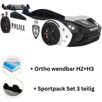Aileenstore Autobett "Police" + Sportsitze Spielbett für Kinder 90x200 inkl. Lattenrost und Ortho wendbar H2+H3 Matratze